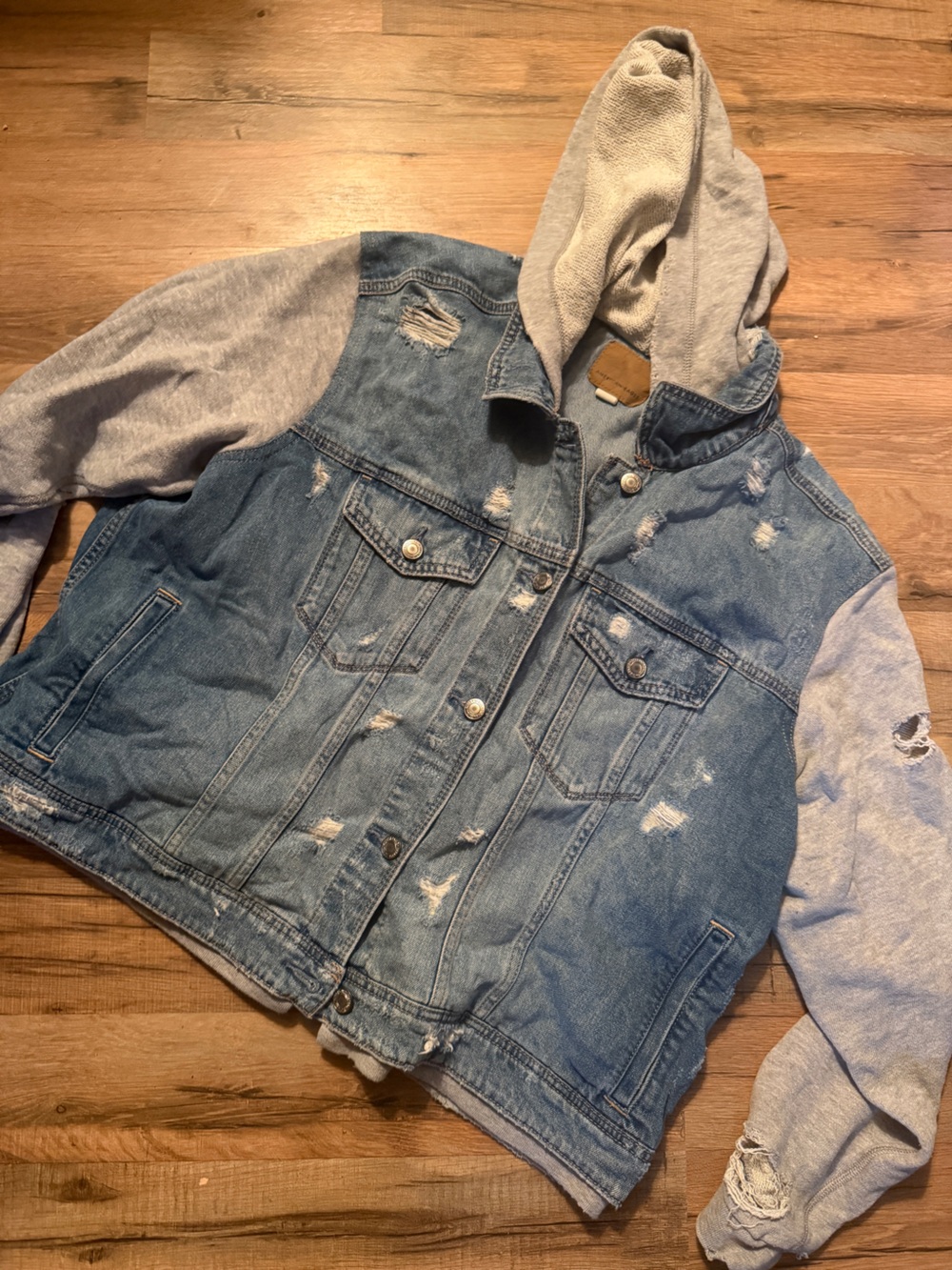 Distressed Denim Jacket with Hood - Light Blue